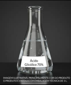 Frasco de Ácido Glicólico 70% INCI Glycolic Acid líquido, insumo esfoliante para formulações cosméticas profissionais.